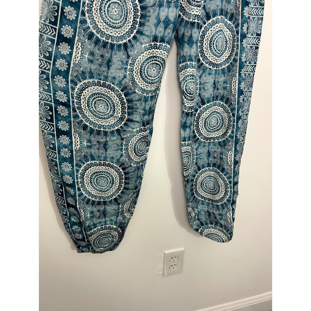 Lotus and Luna Teal Mandala Harem Pants Womens Medium Boho Smocked Rayon Thai - Picture 4 of 9